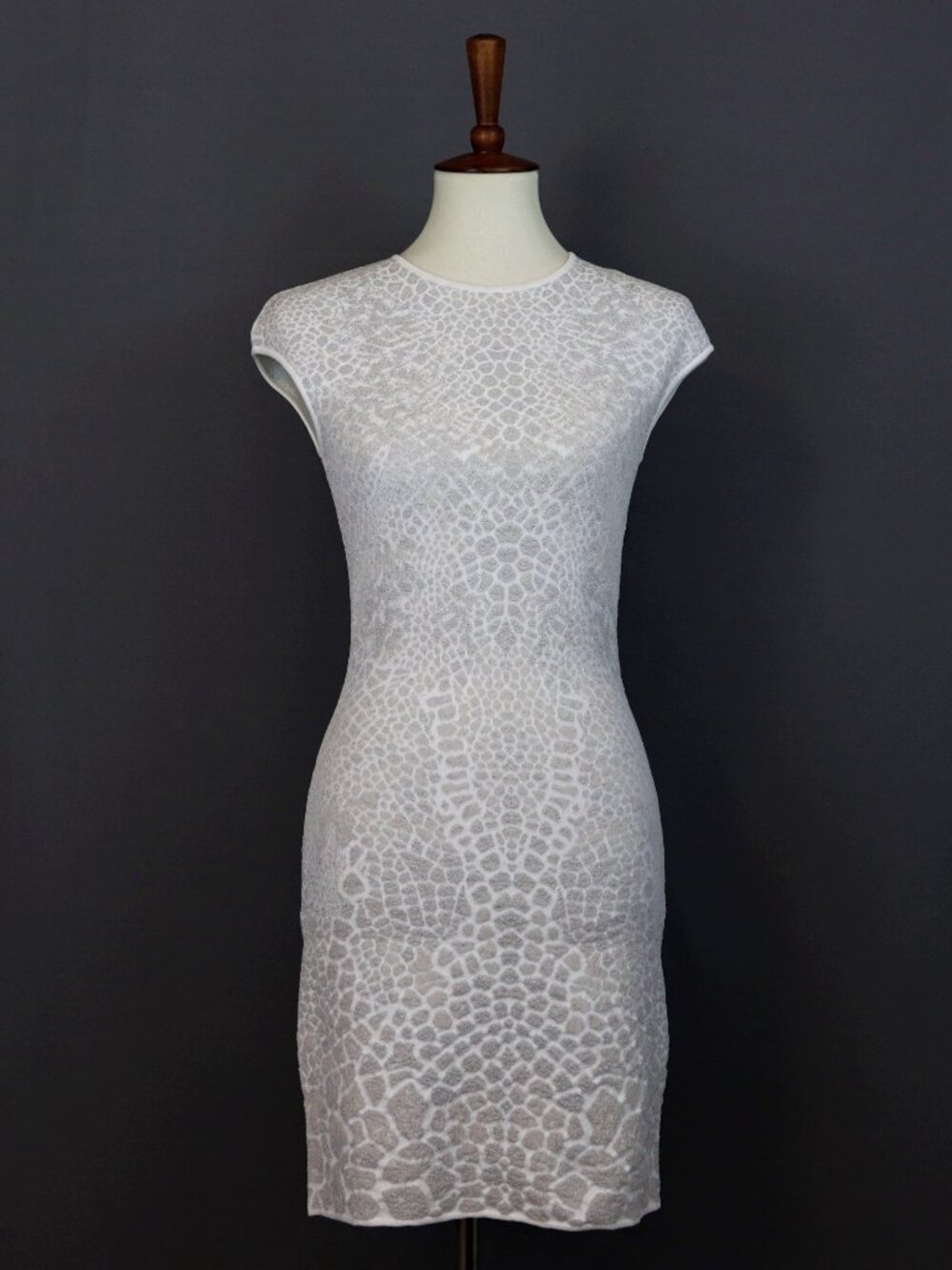 Alexander McQueen Fitted Jacquard Metallic Knit Cap Sleeve Mini Bodycon Dress